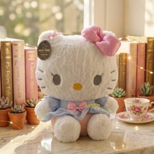 PELUCHE HELLO KITTY CON MOÑO ROASA Y VESTIDO CELESTE 36CM